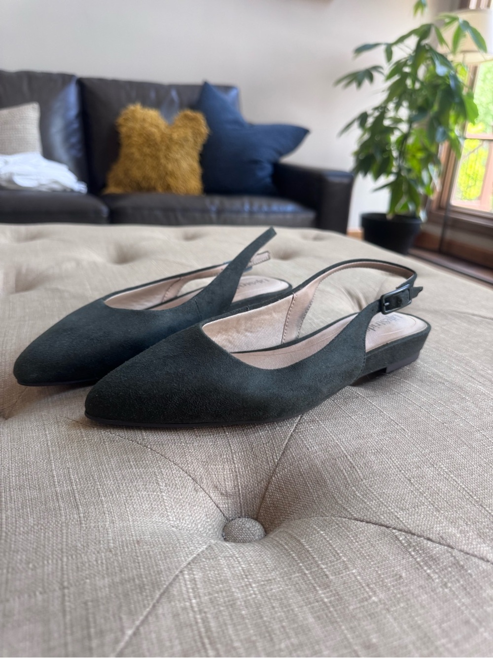 Life Stride Women's Pointed Slingback Mules in Dark Green Suede